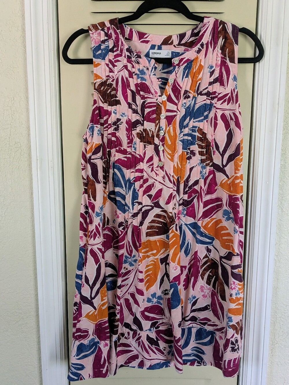 Sonoma Dress Women's PL Linen Blend Pink Floral Pintucked Sleeveless Pockets